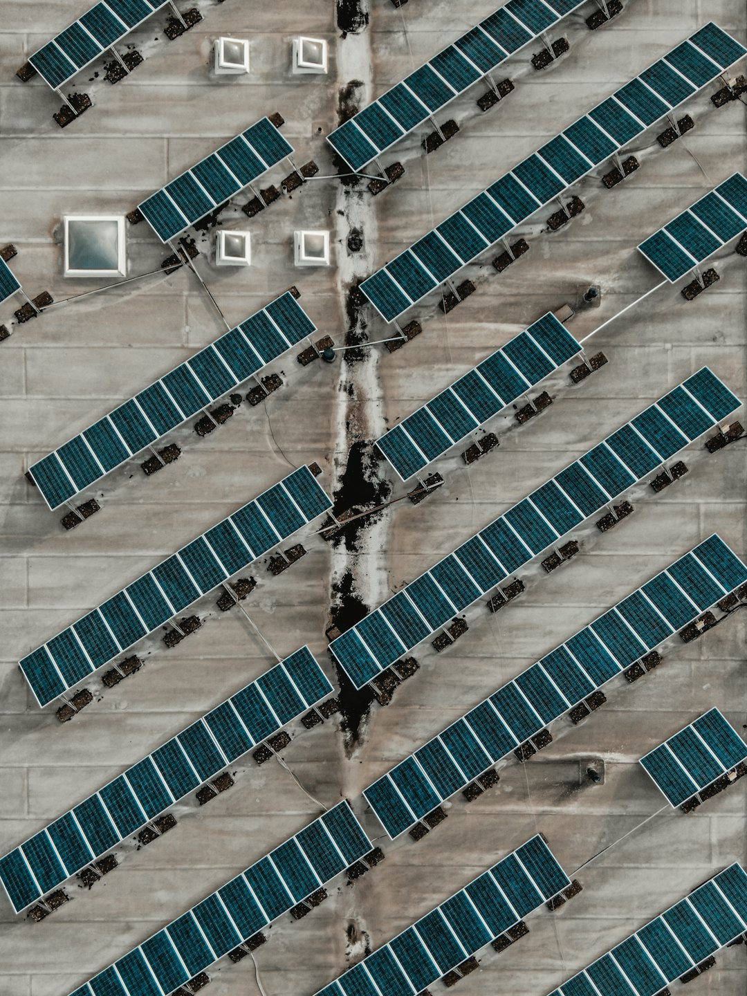 Blue solar panels arranged on a concrete rooftop.