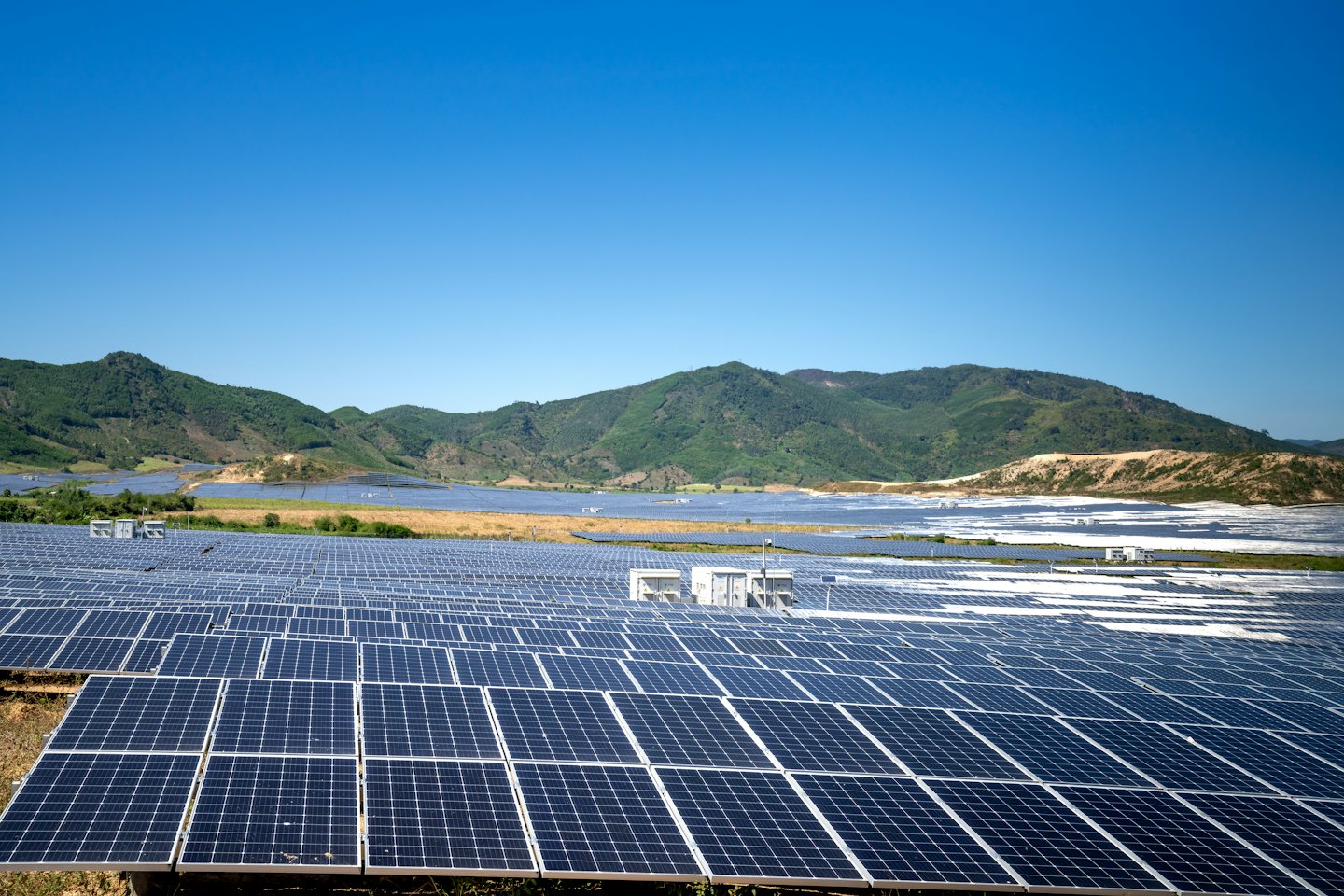 Solar panels cover rolling hills under a blue sky.